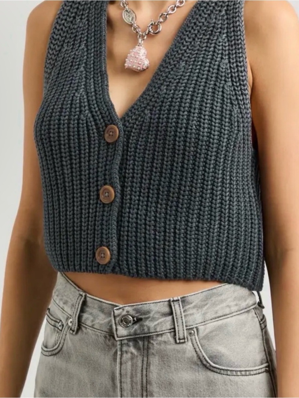 Free People Dark Charcoal Ribbed Knit Cropped Button Vest